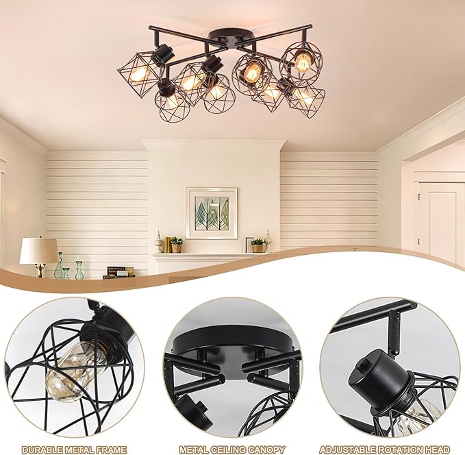 8 Lights Adjustable Multi-Directional Black Light Fixtures, Semi Flush Mount Ceiling Light, Kitchen Light Fixtures Track Lighting Fixtures with Metal Cage Industrial Spotlight Fixtures for Dining Room