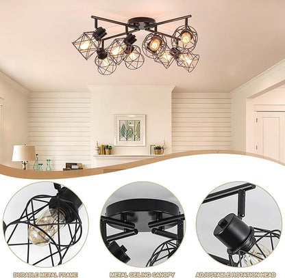 8 Lights Adjustable Multi-Directional Black Light Fixtures, Semi Flush Mount Ceiling Light, Kitchen Light Fixtures Track Lighting Fixtures with Metal Cage Industrial Spotlight Fixtures for Dining Room