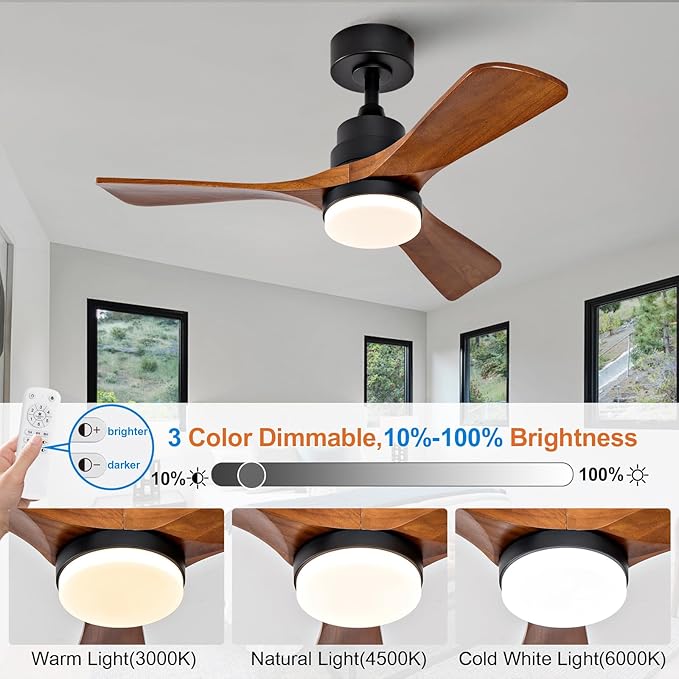 36 Inch Black Ceiling Fans with Lights and Remote,Dimmable LED Light,Quite Reversible DC Motor,Memory Function,Modern Solid Wood Indoor Outdoor Ceiling Fan with Light for Office Patios