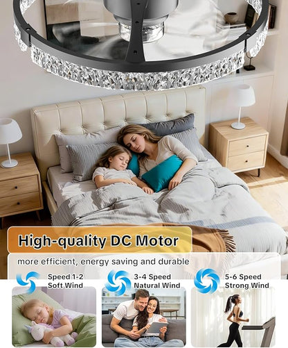 AIKVSXER 20" Low Profile Ceiling Fan with Light and Remote, Dimmable LED Flush Mount Ceiling Fan, 6 Speeds, White Modern Design for Bedroom/Living Room （Black-Crystal）