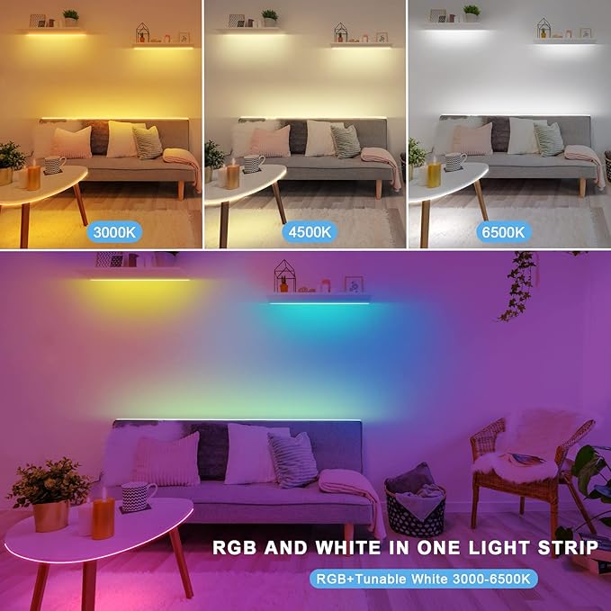 Tatazone RGBWW Bluetooth LED Strip Lights, 16.4FT Tunable White 3000K to 6500K+RGB Led Light Strips, Music Sync Color Changing Indoor LED Rope Lights with App and Remote for Cabinet, Bedroom, TV