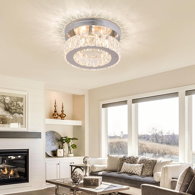 Small Modern Small Crystal LED Chandelier Mini Flush Mount Round Ceiling Light Fixture K9 Crystal Ceiling Lamp for Dining Room Living Room Bedroom (Warm White)