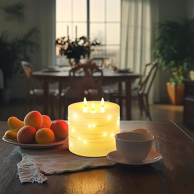 Amagic 6"x6" Extra Large Flameless Candles with 3 Wicks, Battery Operated Candles with Remote Control and Timer, LED Pillar Candles with Bling String Light, Real Wax, Realistic 3D Wick, Ivory