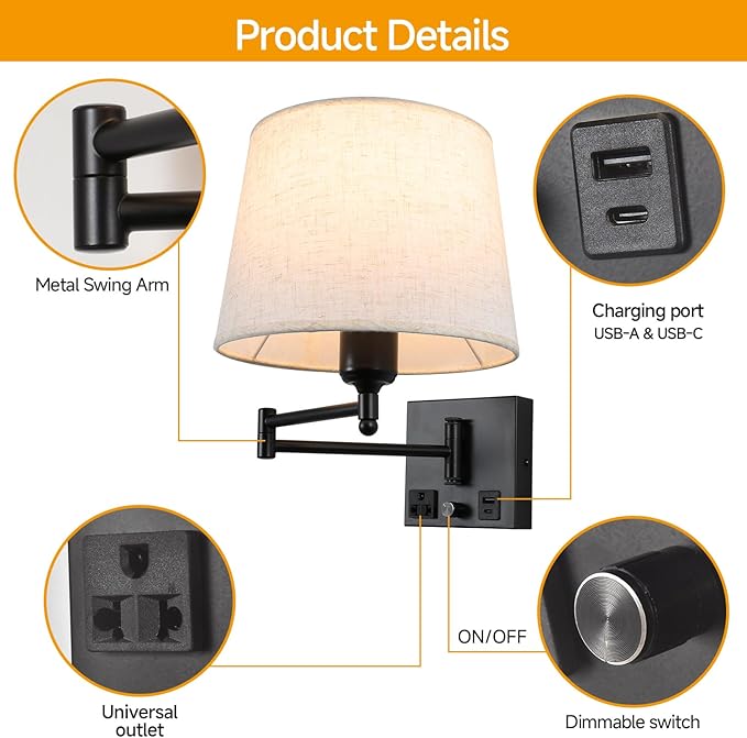 Swing Arm Wall Sconce with Linen Fabric Shade, USB-A & USB-C Charging Ports, Built-in AC Outlet & Rotary Dimmer, Plug-in Adjustable Reading Wall Lamp for Bedside Bedroom Hotel