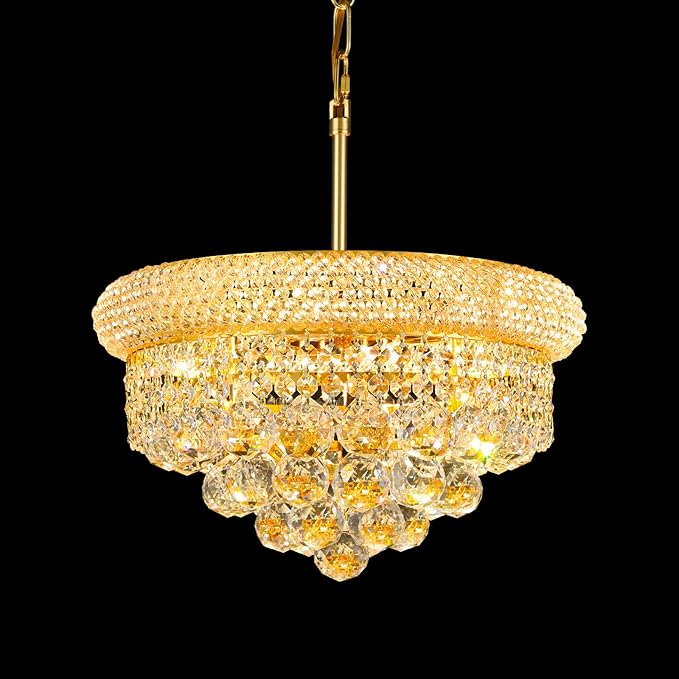 Crystal Chandeliers for Dining Room Light Fixture Over Table, Empire Style K9 Crystal Chandeliers for Bedroom, 4 Lights Gold Luxury Lighting Fixtures for Entryway Kitchen Island Foyer D15 Inch