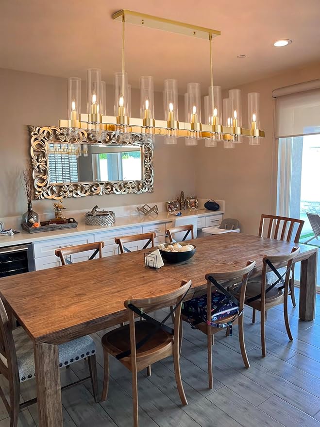 Modern Gold Linear Chandelier, 50'' Rectangular 16-Light Lighting Fixture with Glass Shades, Adjustable Hanging Height, Over Dining Table for Dining Room, Kitchen Island
