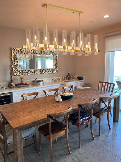 Modern Gold Linear Chandelier, 50'' Rectangular 16-Light Lighting Fixture with Glass Shades, Adjustable Hanging Height, Over Dining Table for Dining Room, Kitchen Island
