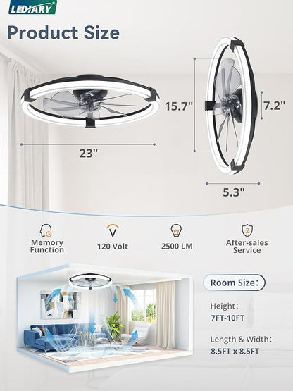 LEDIARY Ceiling Fans with Lights, 23 Inch Low Profile Ceiling Fan with Remote, 6 Speeds, Reversible, Dimmable Flush Mount Fan Light, Modern Fandelier Ceiling Fan with Lights for Bedroom, Black
