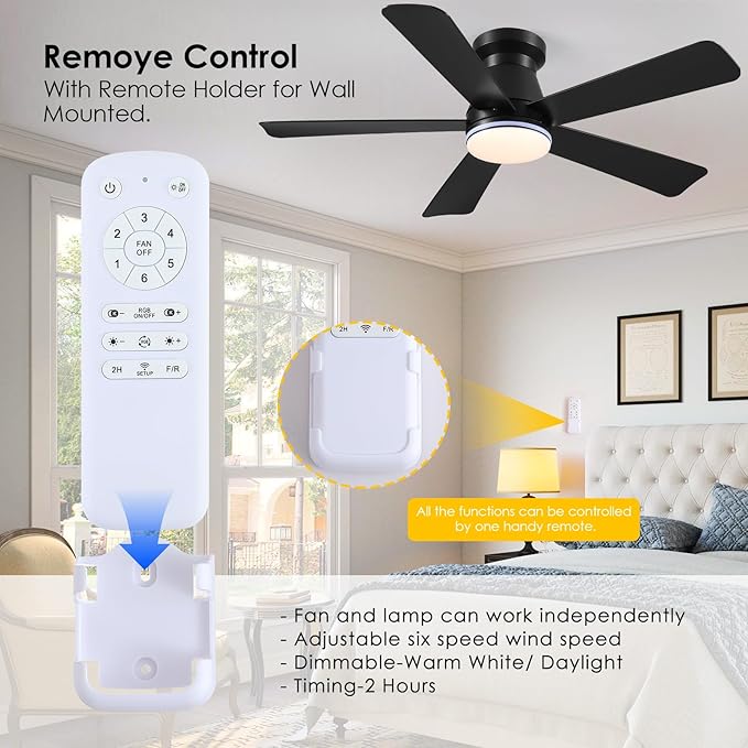 Hounberi 46 Inch Flush Mount Ceiling Fan with RGB Light and Remote, Modern Black Low Profile Ceiling Fan for Low Ceilings, 3CCT Dimmable LED, 6 Speeds Quiet Reversible Motor for Bedroom & Living Room