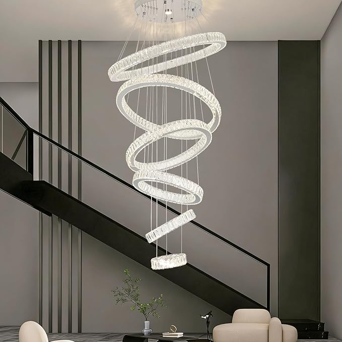 Finktonglan 6-Ring Crystal LED Chandelier, Dimmable Pendant with Remote, Adjustable Height 118", K9 Stainless Rings (Ø7.9–27.6"), 3000–6500K, Memory/Timer for Stairwell Foyer Living Room