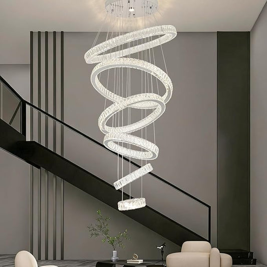 Finktonglan 6-Ring Crystal LED Chandelier, Dimmable Pendant with Remote, Adjustable Height 118", K9 Stainless Rings (Ø7.9–27.6"), 3000–6500K, Memory/Timer for Stairwell Foyer Living Room