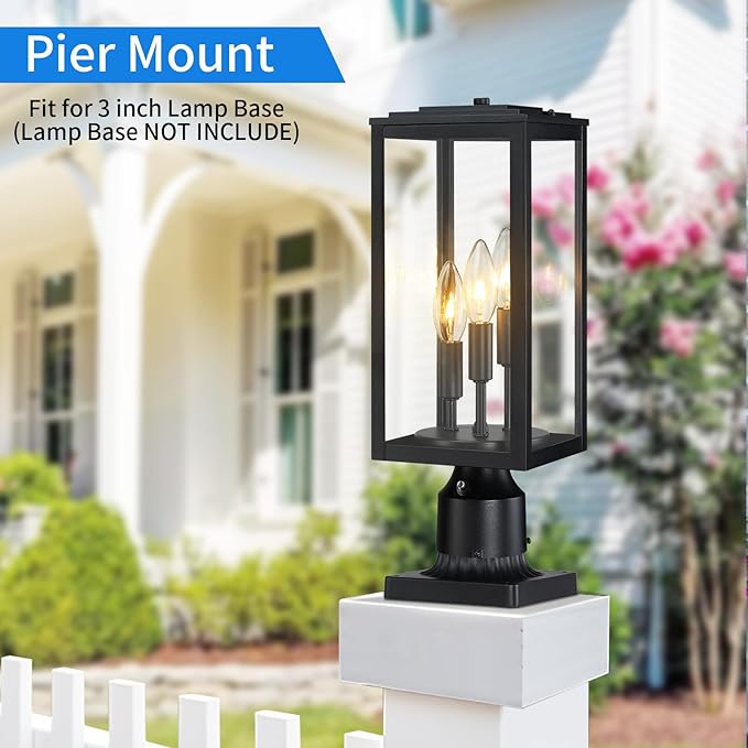 16.6'' Dusk to Dawn Post Light Outdoor, Large 3-Light Lamp Post Light Fixture, Modern Pillar Outside Lighting Waterproof Post Lantern Pole Lights for Porch, 1 Pack (Not Include Mounting Base)