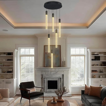 Luxury 6 Light Modern Crystal Pendant Light - 71" High Ceiling Black LED Dimmable Pendant Light for Bedside Island Kitchen Living Room