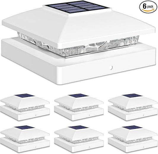 Solar Post Cap Lights Outdoor 6pack, White Waterproof Solar Powered Deck Fence Post Lights Fit 4x4 Wood/Vinyl Posts, Bright Warm White Solar Post Lights Decorate Deck, Patio, Porch, Fence