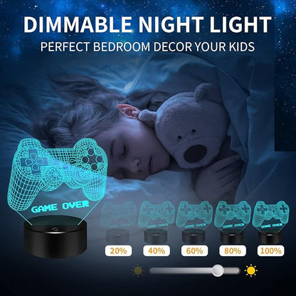 BASSI 3D Gamepad Night Light Game Over Light Game Controller Console Illusion Lamp for Kids Gamer Room Decor, 16 Color Changing with Remote Timer, Christmas Birthday Gifts for Boys Girls