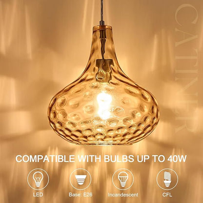 CATINER 11" Amber Hammered Glass Pendant Light, Blown Glass Hanging Light Fixture with Brushed Nickel Finish, Vintage Modern Ceiling Light for Kitchen Island, Dining Room, Hallway, Living Room
