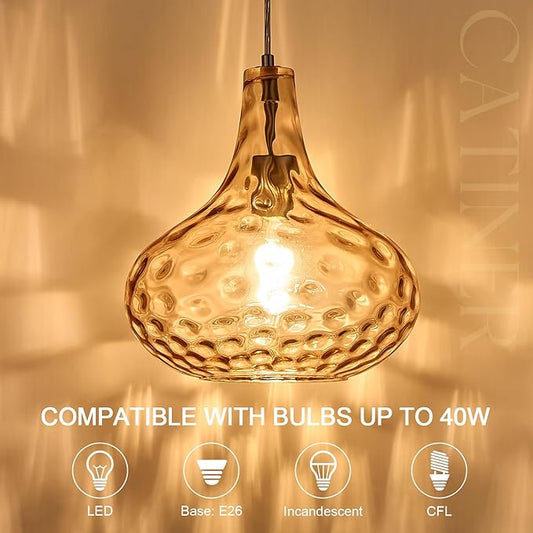 CATINER 11" Amber Hammered Glass Pendant Light, Blown Glass Hanging Light Fixture with Brushed Nickel Finish, Vintage Modern Ceiling Light for Kitchen Island, Dining Room, Hallway, Living Room