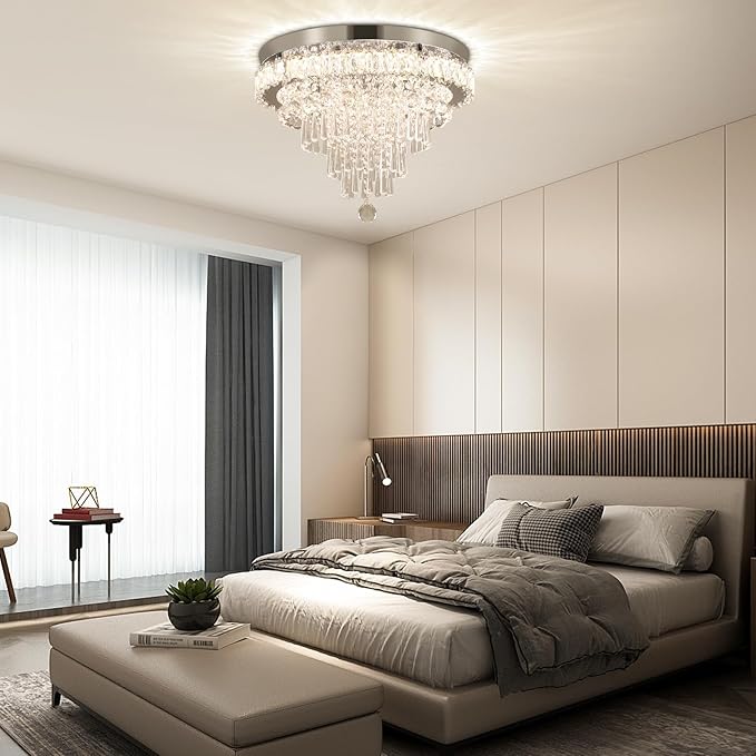 FRIXCHUR Crystal Chandeliers LED Crystal Ceiling Light Fixture with Remote Large Flush Mount Chandelier Ceiling Light for Living Room Bedroom Kitchen (Dimmable)