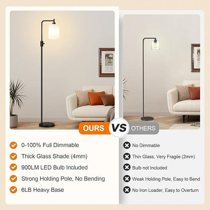 【Upgraded】Dimmable Floor Lamp for Living Room with Frosted White Glass Shade, Modern Industrial Floor Lamp with 900LM Bulb Included, Standing Tall Lamp for Bedroom, Office, Reading Room, Corner, Black