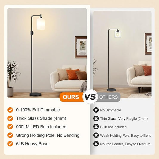 【Upgraded】Dimmable Floor Lamp for Living Room with Frosted White Glass Shade, Modern Industrial Floor Lamp with 900LM Bulb Included, Standing Tall Lamp for Bedroom, Office, Reading Room, Corner, Black