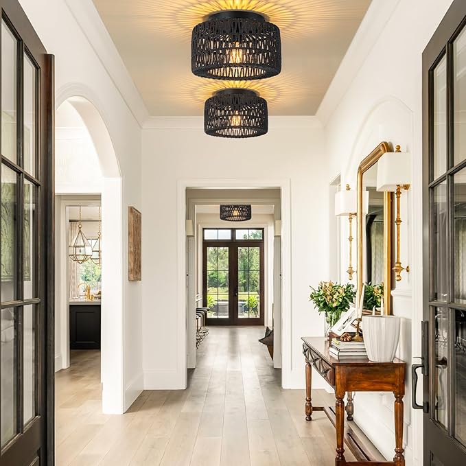 SineRise Rattan Ceiling Light Fixtures (12-Inch, LED Bulb Included), Hand-Woven Boho Flush Mount Ceiling Light, Rattan Chandelier for Hallway Kitchen Farmhouse Foyer Entryway Living Room(Black)