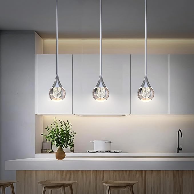 3-Pendant Lights Kitchen Island, Silver Crystal Globe Ceiling Hanging Light Fxitures, LED Light Fixtures Metal Rod Ceiling Glass Pendant Lighting for Kitchen Island Dining Room Bar