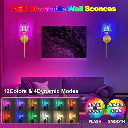 Battery Operated Crystal Wall Sconce Set of 2, Amber Rechargeable Wireless Wall Sconces with Remote Dimmable 12 Colors Modes Led Wall Lights for Bedroom Living Room Hallway, 2 Bulbs Included