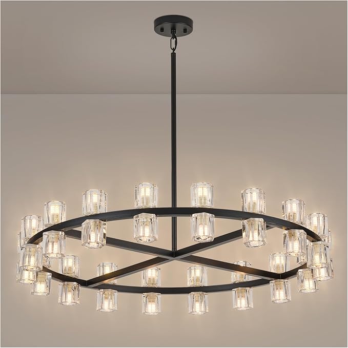 36 Inch Black Crystal Wagon Wheel Chandelier, Modern Farmhouse Round 36-Lights Pendant Lighting Fixture, for High Ceilings Living Room, Bedroom, Foyer