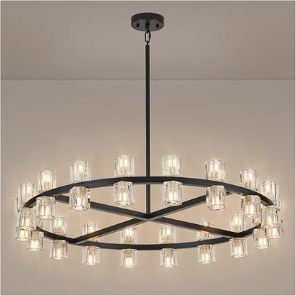 36 Inch Black Crystal Wagon Wheel Chandelier, Modern Farmhouse Round 36-Lights Pendant Lighting Fixture, for High Ceilings Living Room, Bedroom, Foyer