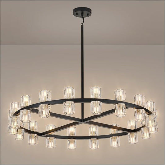 36 Inch Black Crystal Wagon Wheel Chandelier, Modern Farmhouse Round 36-Lights Pendant Lighting Fixture, for High Ceilings Living Room, Bedroom, Foyer
