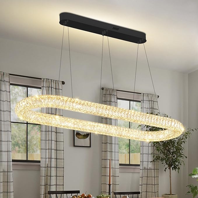 LED Crystal Ring Chandelier, 47.2'' Black Crystal Ring Pendant Light for Kitchen Island Modern Linear Oval Chandeliers for Dining Room Dimmable 3000K-6000K