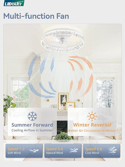 LEDIARY 22 Inch Ceiling Fans with Lights and Remote, Fandelier Low Profile Ceiling Fan, 3000K-6000K Dimmable Flush Mount LED Fan Light, White Modern Ceiling Fans with Lights for Bedroom