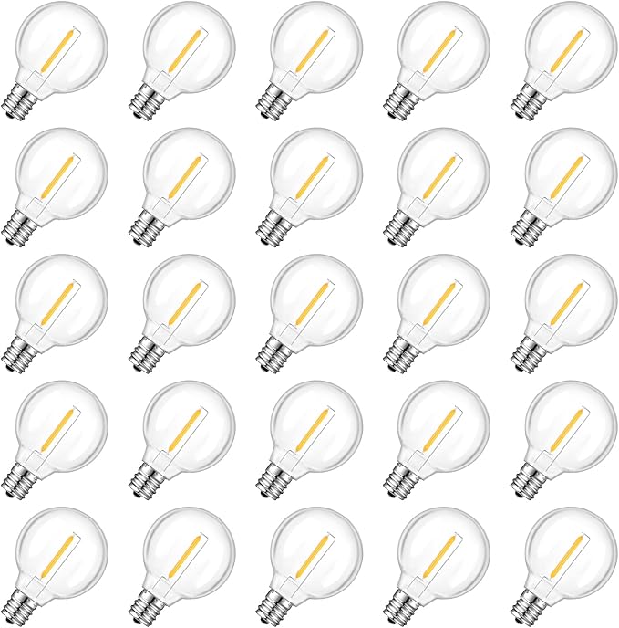 GvvooHome 25 Pack G40 LED Replacement Light Bulbs, Waterproof Clear Globe Light Bulb E12 Screw Base for Outdoor String Lights, Patio Cafe Décor, Dimmable, Warm White