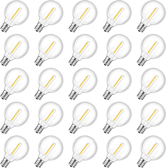 GvvooHome 25 Pack G40 LED Replacement Light Bulbs, Waterproof Clear Globe Light Bulb E12 Screw Base for Outdoor String Lights, Patio Cafe Décor, Dimmable, Warm White
