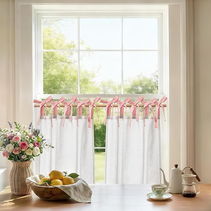 jinchan Linen Tie Top Curtains 24 Inch Length Farmhouse Cafe Curtains Set of 2 for Bedroom Bathroom Rustic Small Windows Light Filtering White Panels with Pink Ties