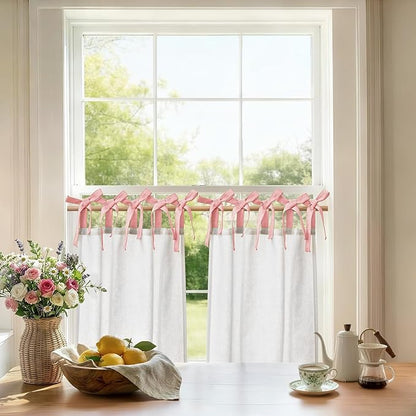jinchan Linen Tie Top Curtains 24 Inch Length Farmhouse Cafe Curtains Set of 2 for Bedroom Bathroom Rustic Small Windows Light Filtering White Panels with Pink Ties
