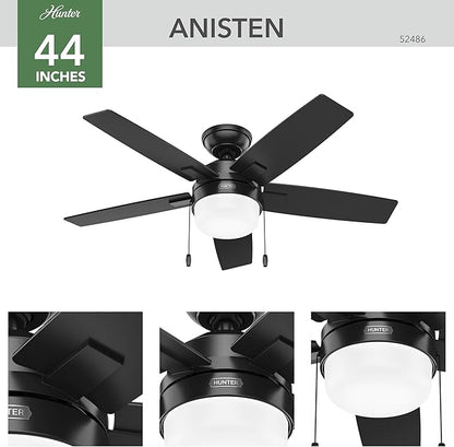 Hunter 44 inch Indoor Ceiling Fan with LED Light - Black Ceiling Fan with Pull Chain, For Bedroom or Living Room, Standard Mount, No Remote, 5 Blades, Includes Bulbs - Anisten 52486, Matte Black