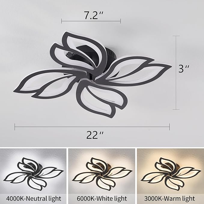 Modern Black Ceiling Light Fixture, 24" Flower Dimmable LED Light Fixtures, Low Profile Flush Mount Ceiling Light with Remote Control for Bedroom, Kitchen, Living Room