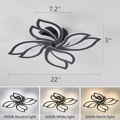 Modern Black Ceiling Light Fixture, 24" Flower Dimmable LED Light Fixtures, Low Profile Flush Mount Ceiling Light with Remote Control for Bedroom, Kitchen, Living Room