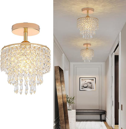 Mini Crystal Chandelier 3-Tier Raindrop Semi Flush Mount Ceiling Light Fixture Crystal Chandeliers for Bedroom Kitchen Hallway Bathroom Closet (Gold)