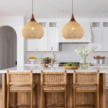 Rattan Pendant Light, 15.7" Rattan Chandelier Hand-Woven Boho Pendant Light Fixtures with Solid Wood, Basket Wicker Chandelier for Dining Room Kitchen Island Living Room