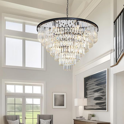 Black Crystal Chandelier Modern Large Dining Room Chandelier 17 Lights 7-Tier Luxury Round Top K9 Ceiling Pendant Light Fixture for High Ceiling Living Room Foyer Staircase
