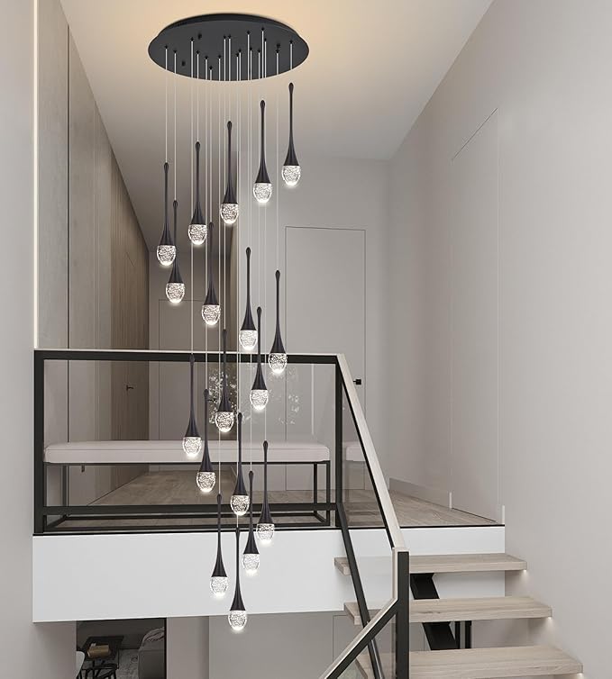Modern Crystal Staircase Chandelier Polished Black 18-Lights, H118'' Large High Ceiling Spiral Dimmable LED Raindrop Foyer Entryway Light Fixture Remote Control