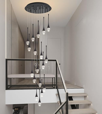 Modern Crystal Staircase Chandelier Polished Black 18-Lights, H118'' Large High Ceiling Spiral Dimmable LED Raindrop Foyer Entryway Light Fixture Remote Control