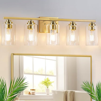 VerRon 5-Light Gold Bathroom Light Fixtures, 31" Modern Vanity Lights Over Mirror with Clear Glass Shades,Brushed Gold Wall Light Fixture for Bathroom Mirror Bedroom Porch, Hardwired Wall Sconces
