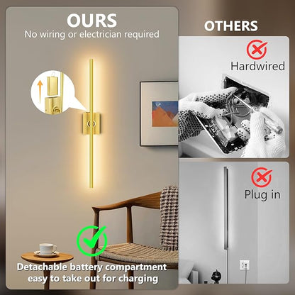 Eneru Battery Operated Wall Sconce Lights - 10000mAh Rechargeable Wireless Wall Sconces Set of Two with Touch and Remote, 360° Rotate, 4 Colors LED Wall Lamp for Living Room Bedroom Hallway (Gold)