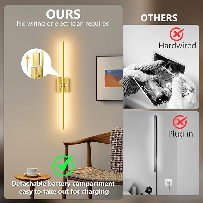 1 Pack Rechargeable Wall Sconce - Gold 10000mAh Battery Operated Wall Sconce with Remote and Touch, 31-inch LED Wireless Wall Light, 360° Rotate 4CCT Wall Scone Decor for TV, Bedroom, Living Room