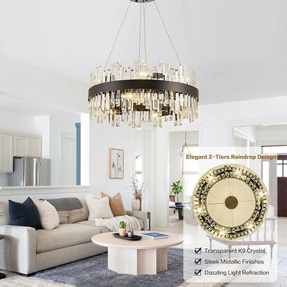 24'' Modern Black Crystal Chandeliers for Dining Room,2 Tiers K9 Crystal 12-Lights Luxury Chandelier Light Fixture Contemporary Pendant Ceiling Light for Living Room Kitchen Island Foyer