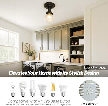Schoolhouse Semi Flush Mount Ceiling Light,Black Close to Ceiling Light Fixtures with Hand-Blown Glass Shade Modern Hallway Ceiling Lamp for Laundry Entryway Kitchen Bathroom E26