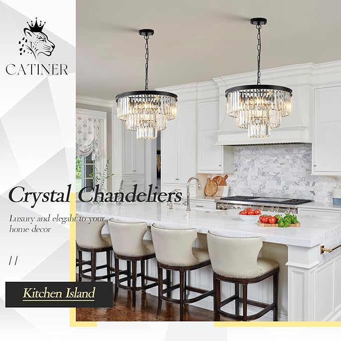 CATINER Black Crystal Chandeliers, 20” Modern Chandeliers for Dining Room 3 Tiers 7 Lights Luxury K9 Crystal Ceiling Pendant Round Light Fixture for Foyer Kitchen Bedroom Closet